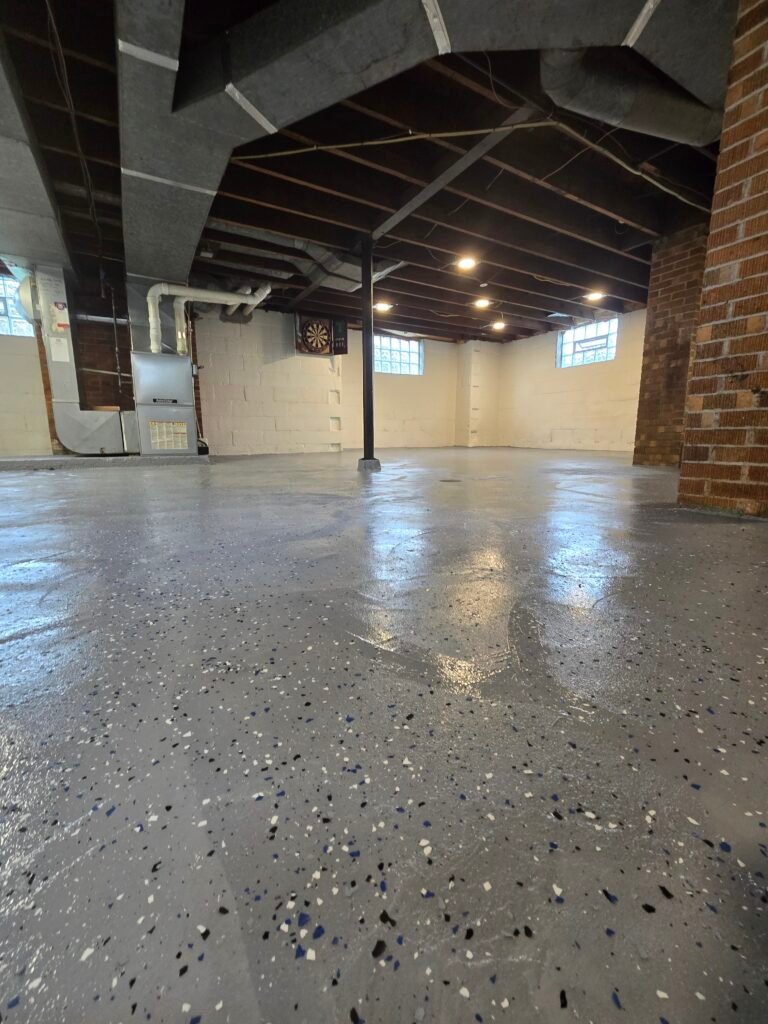 Gray speckled epoxy basement floor coating, Ross Township PA