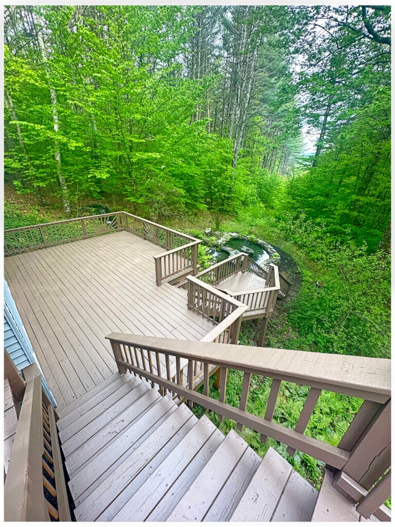 Alt Text: "Deck freshly stained in brown finish overlooking wooded pond, Sewickley PA