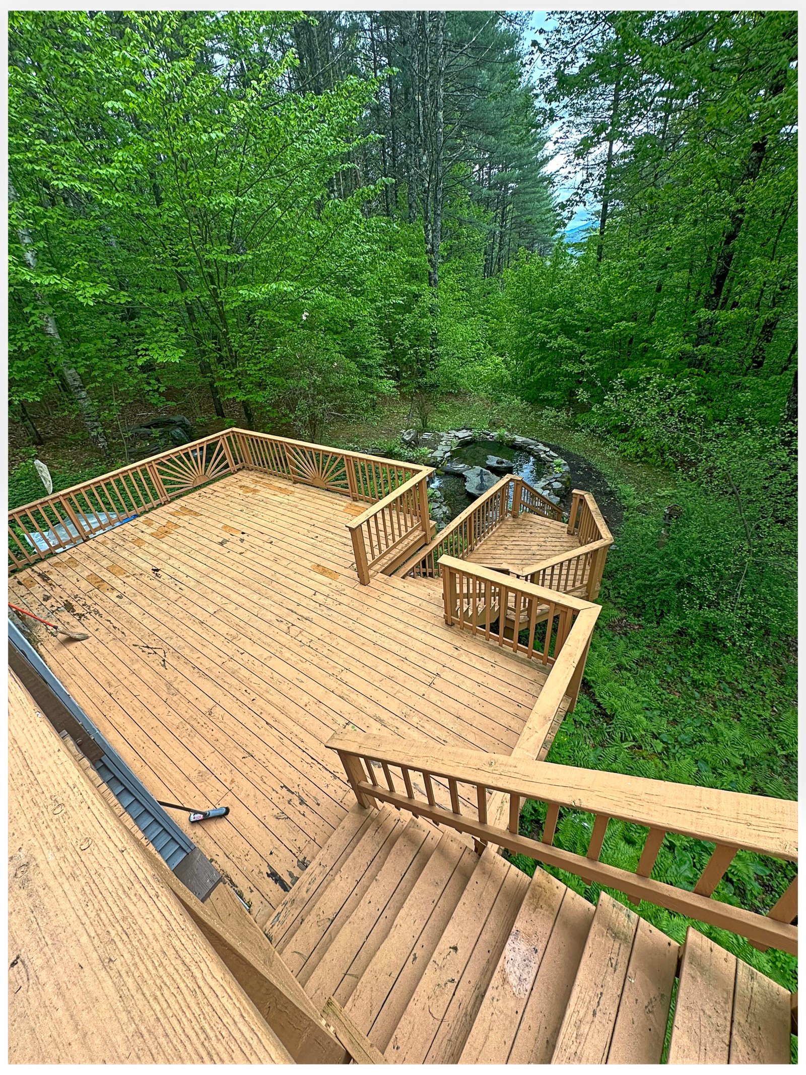 Weathered multi-level wood deck before staining, Sewickley PA