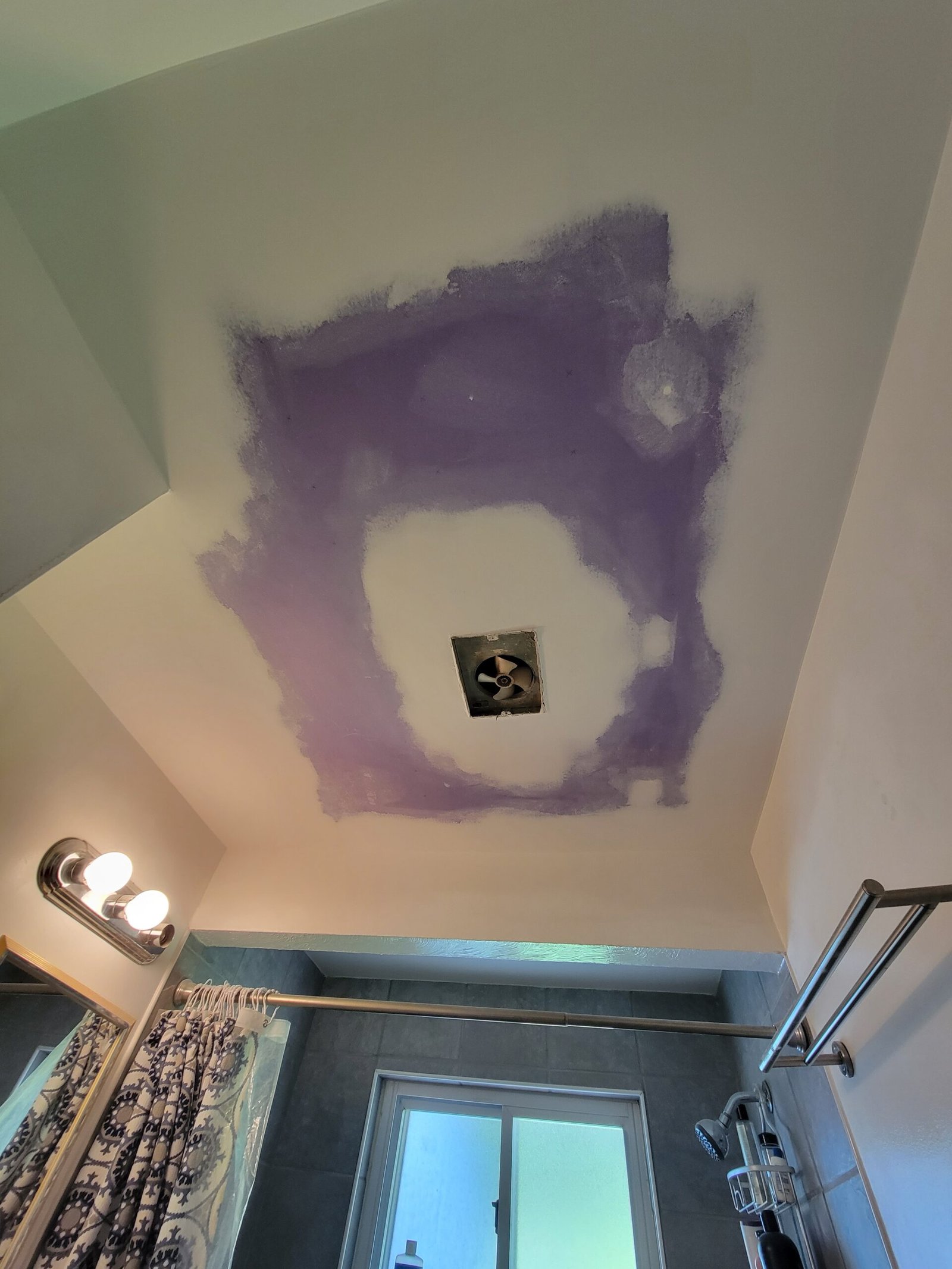 Bathroom ceiling drywall repair with color-changing primer, Oakmont PA