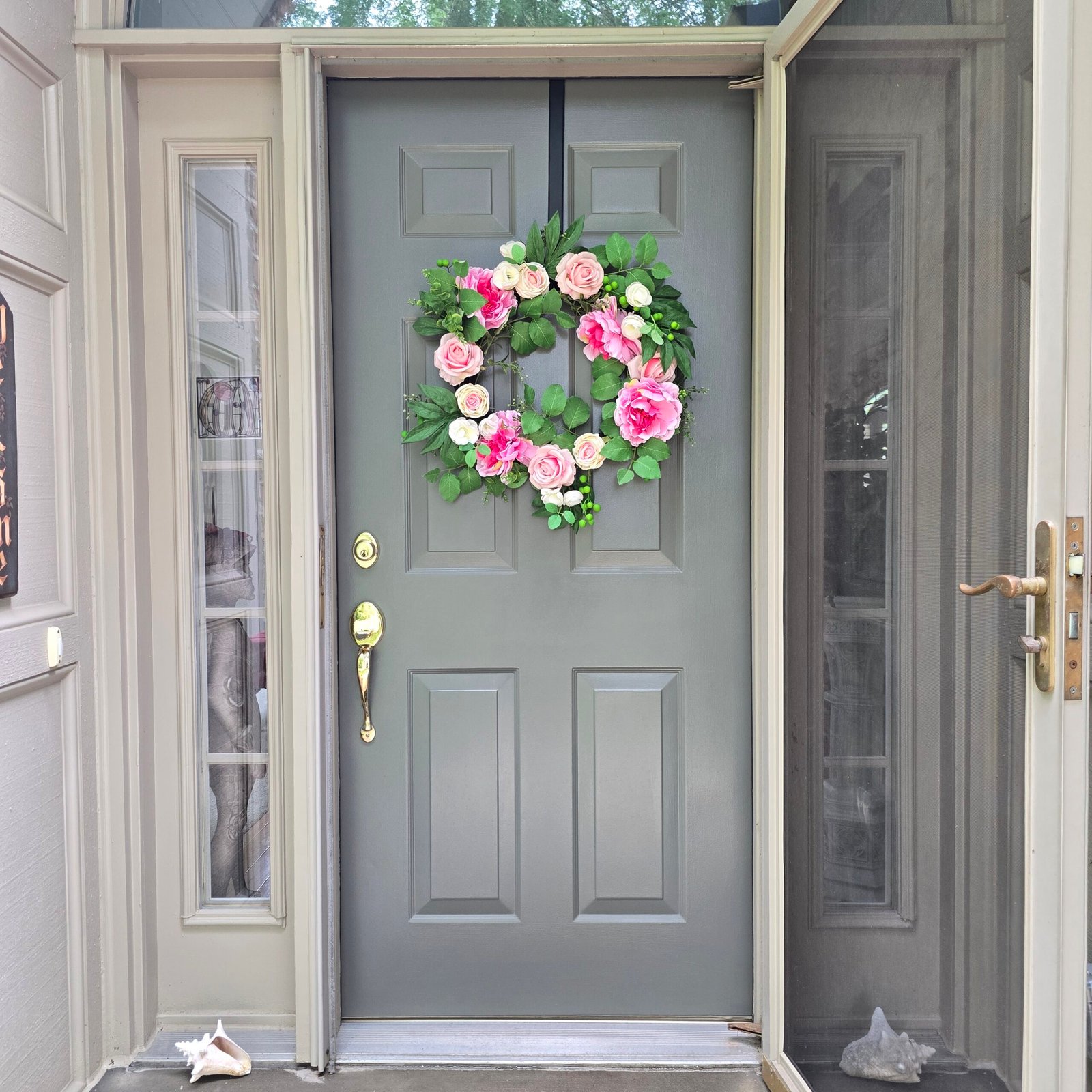 Front door painted sage gray with brass hardware, Cranberry Township PA