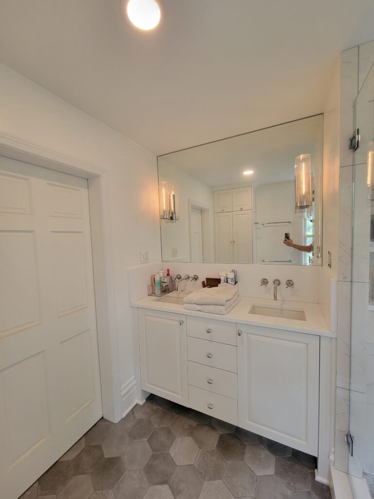White bathroom vanity with dual sinks and cabinetry, Edgeworth PA