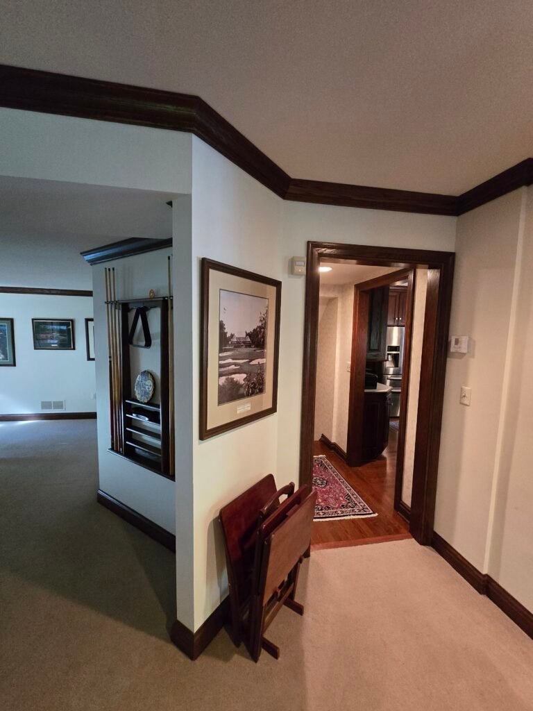 Hallway with dark stained crown molding and trim, Oakmont PA
